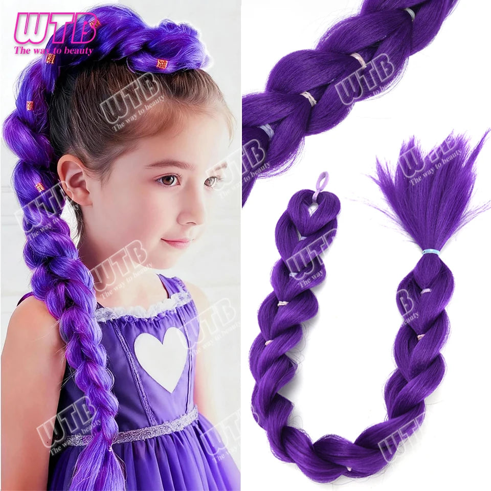 26 inch Purple Braids Ponytail Rubber Band Pre Braiding Hair Synthetic Purple Hair Extensions for Halloween Costume Cosplay