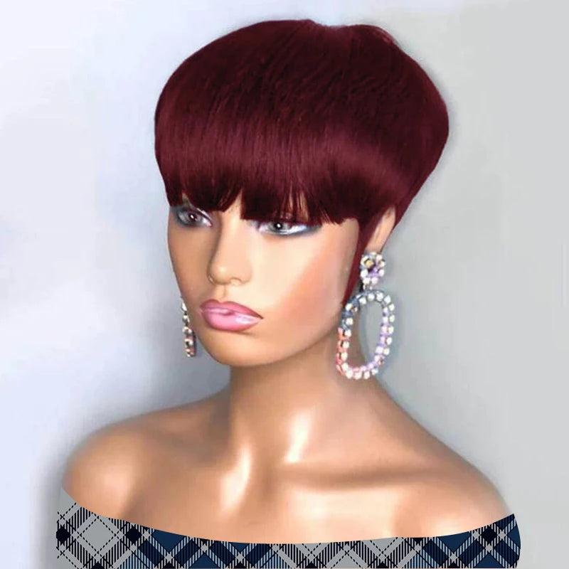 Human Hair Wigs for Women with Bangs 150% Density Straight Hair, Short Pixie Cut Human Hair Wig, Full Machine Made for Daily Wea