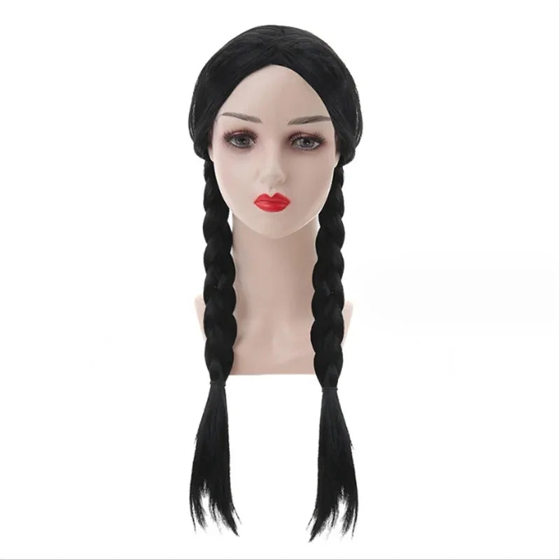 Kids Black Double Braid Flat Bangs for Girls Wednesday Role-playing Synthetic Wig Suitable for Parties Girl Wednesday Cosplay