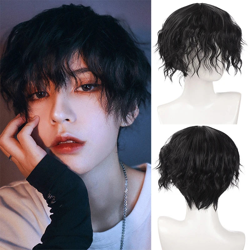 Synthetic Short Curly Boy  Party Hair Wig Black Brown Natural Fake False Hair For Men Handsome Breathable Christmas Halloween