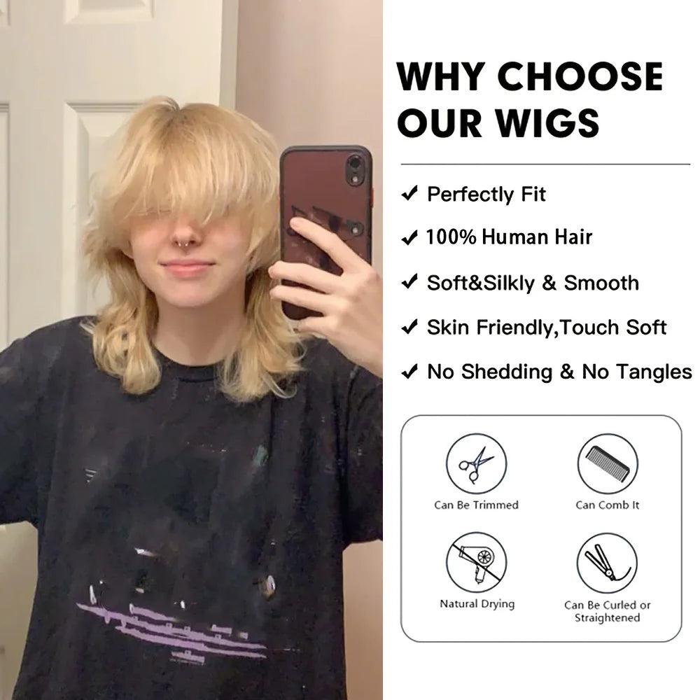 Men's Real Hair Wig 613 Blonde Short Pixie Cut Wig 100% Human Hair With Bangs Short Human Hair Full Machine Wig