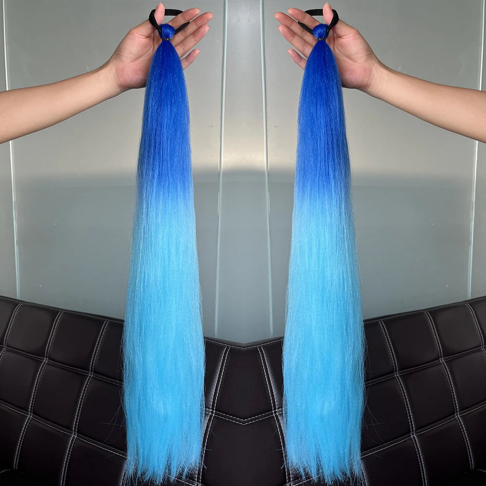 Synthetic Colorful Ponytail Extension 2Pcs Long Straight DIY Braided Pony Tail Hairpiece with Rubber Band Women Hair Accessories