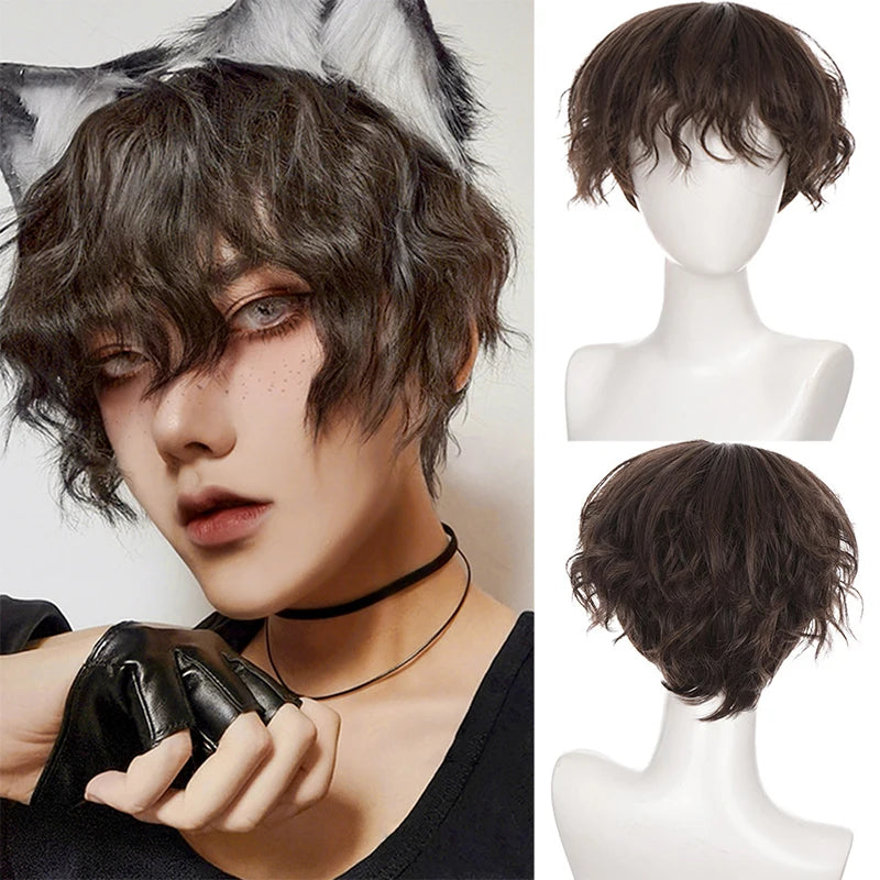 Synthetic Short Curly Boy  Party Hair Wig Black Brown Natural Fake False Hair For Men Handsome Breathable Christmas Halloween