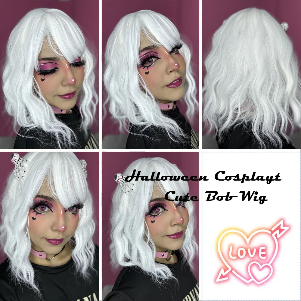 Short Curly Wavy White Synthetic Wig White Lolita Hair Wig with Bangs for Women Natural Cosplay Party Halloween Heat Resistant