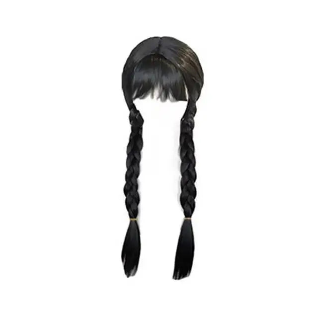 Kids Black Double Braid Flat Bangs for Girls Wednesday Role-playing Synthetic Wig Suitable for Parties Girl Wednesday Cosplay