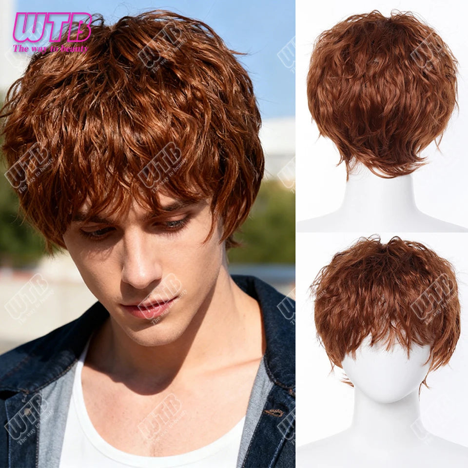 Synthetic Short Curly Boy Party Hair Wig Black Brown Natural Fake False Hair For Men Handsome Breathable Christmas Halloween
