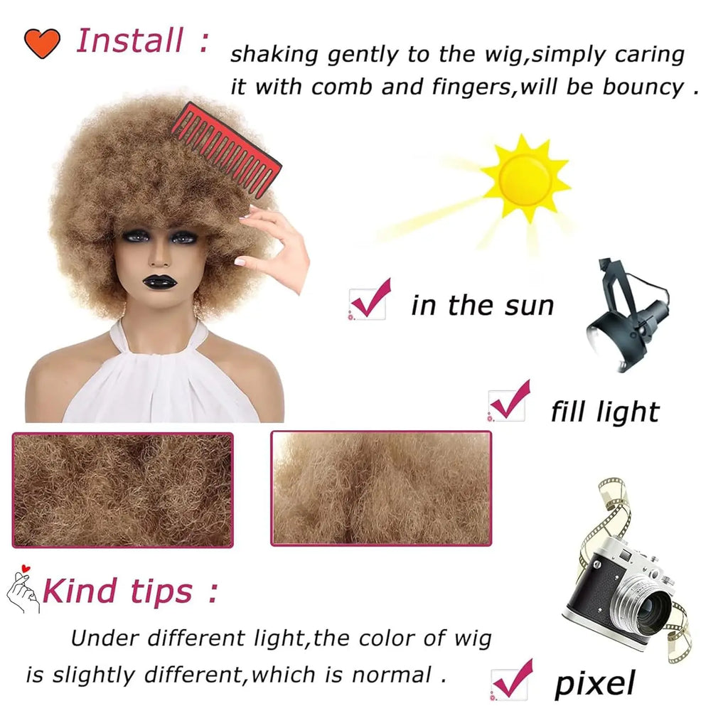 Synthetic Afro Kinky Curly Wig for Women Black 70s Bouncy and Soft Afro Puff Wigs Natural Looking Full Wigs for Party Cosplay