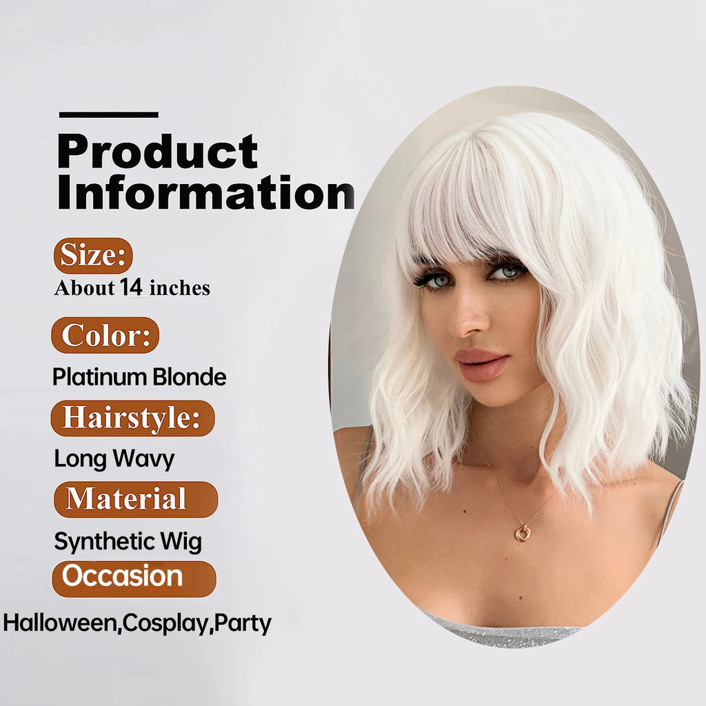 Short Curly Wavy White Synthetic Wig White Lolita Hair Wig with Bangs for Women Natural Cosplay Party Halloween Heat Resistant