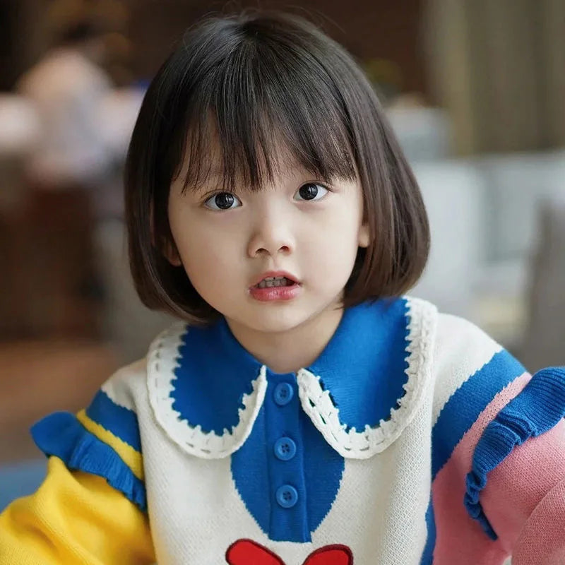 Hair Extensions Synthetic Children Girl Wig Black Bobo Hairstyle Short Straight Bangs Princess Head Cover Wig Hat for Kids Girls