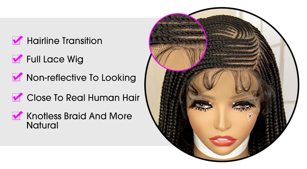 Synthetic Full Lace Cornrow Braided Wigs 36 inches Lace Frontal Square Knotless Box African Braiding Wig for Black Women