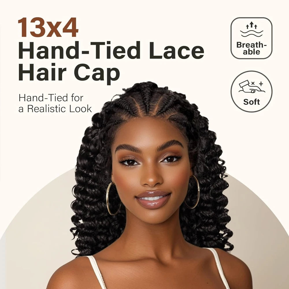 Cornrow Braided Wig with Curly Hair for Black Women 13X4 Synthetic Lace Frontal Handmade Braided Curly Bob Wigs with Baby Hair