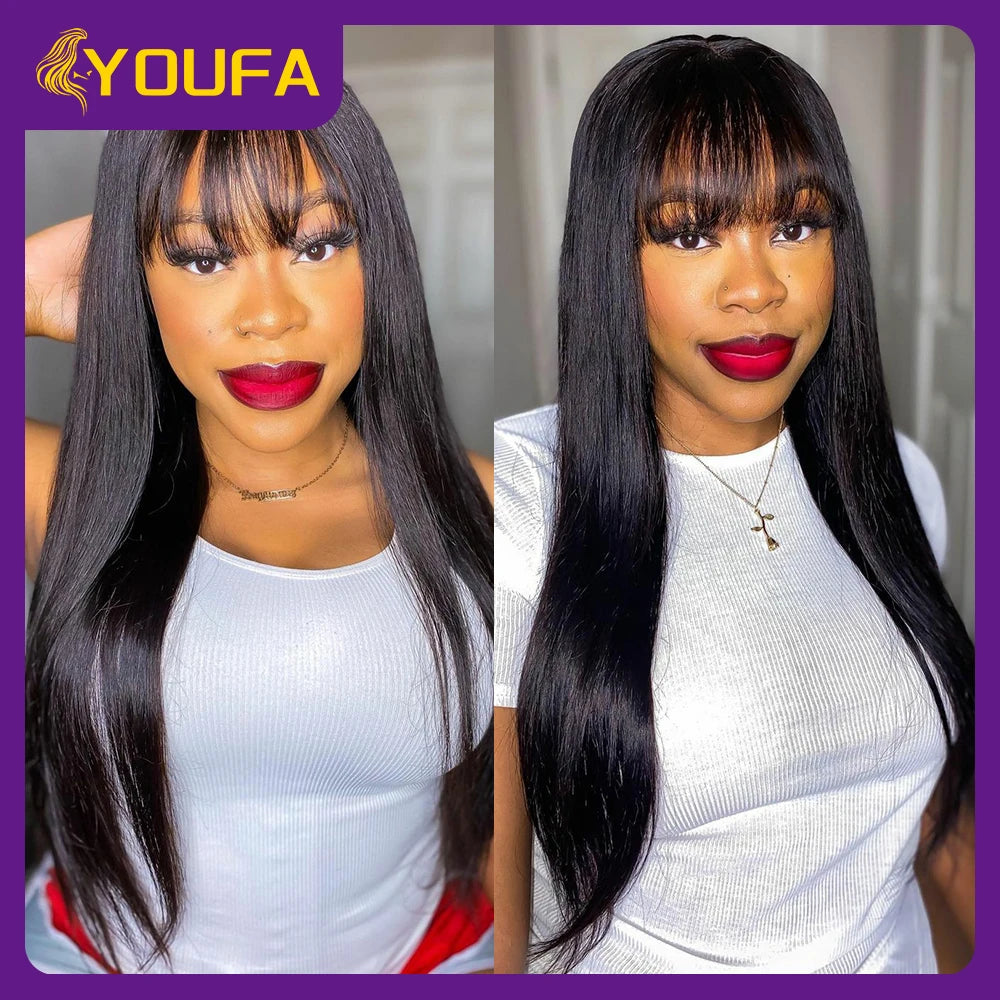 Fake Scalp Bang Human Hair Wigs Raw Indian Straight Human Hair Fringe Wigs Fake Scalp 8-24 Inch 250 Density Human Wigs For Women