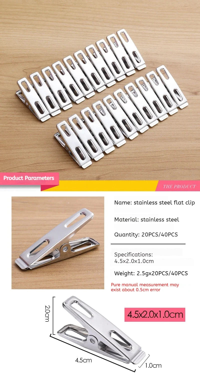 20pcs Stainless Steel Flat Mouth Clothespins, Binder Clips, Drying Hanger, Metal Clip Set, Metal Clothes Clips For Clothes Sock