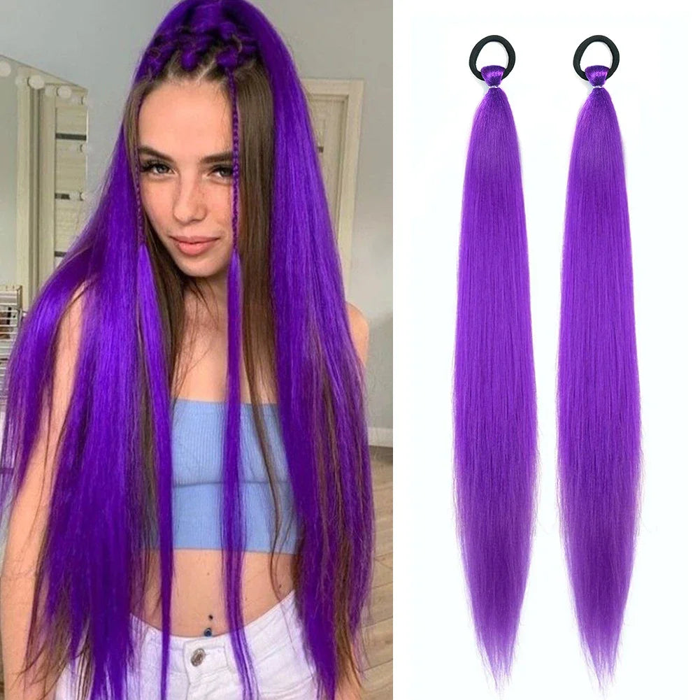 2PC Synthetic Purple Ponytail Extension with Rubber Band Long Straight DIY Braided Pony Tail Hairpiece Women Hair Accessories