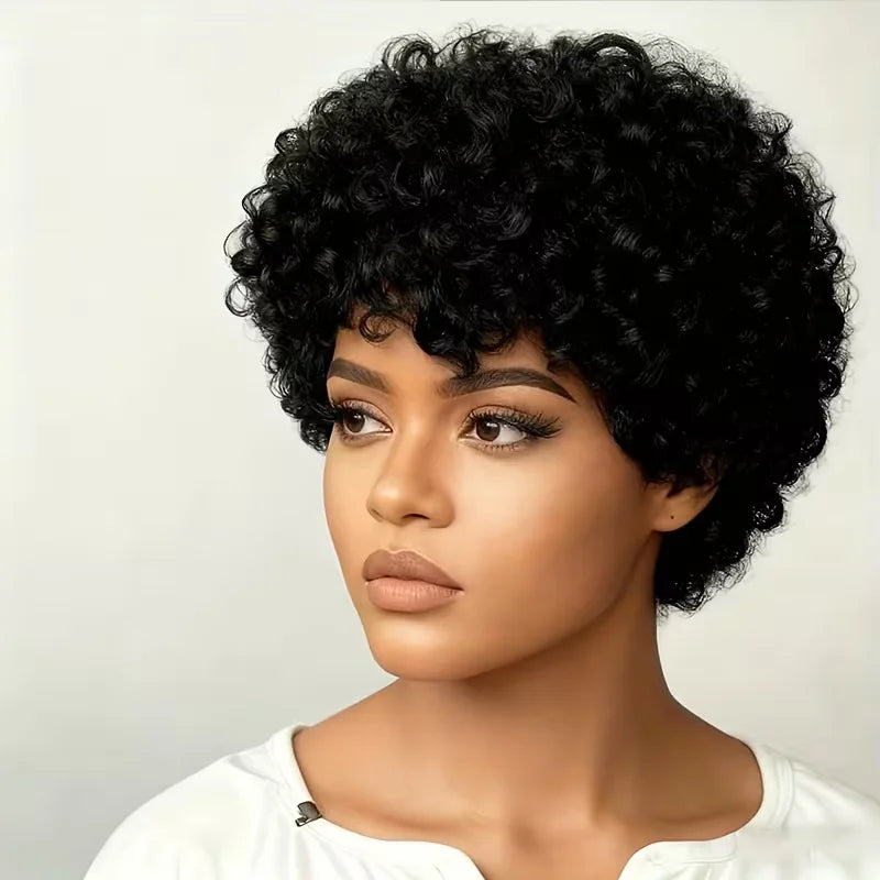 Human Hair Wig Short Curly Pixie Cut with Bangs for  Women Human Hair Machine Made