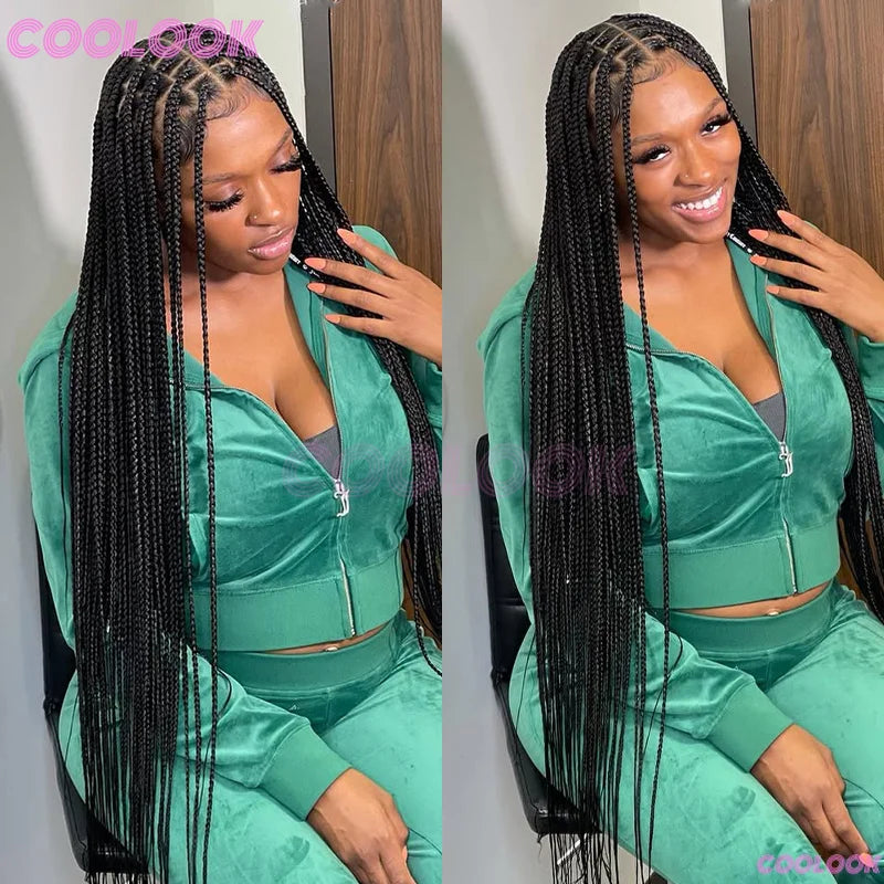 36" Synthetic Box Braided Wigs For Black Women Cornrow Braids Lace Wigs Braids African Wigs