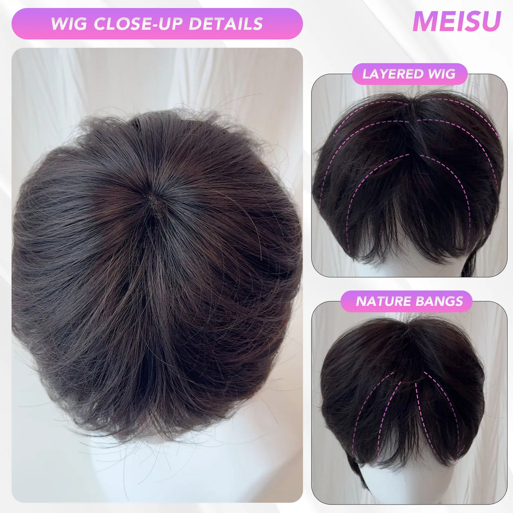 MEISU 10 Inch Short Boy Bangs Wig Brown Black Tea Synthetic Fiber Heat-Resistant Natural And Smoot Cool Boys Wig Selfie Party