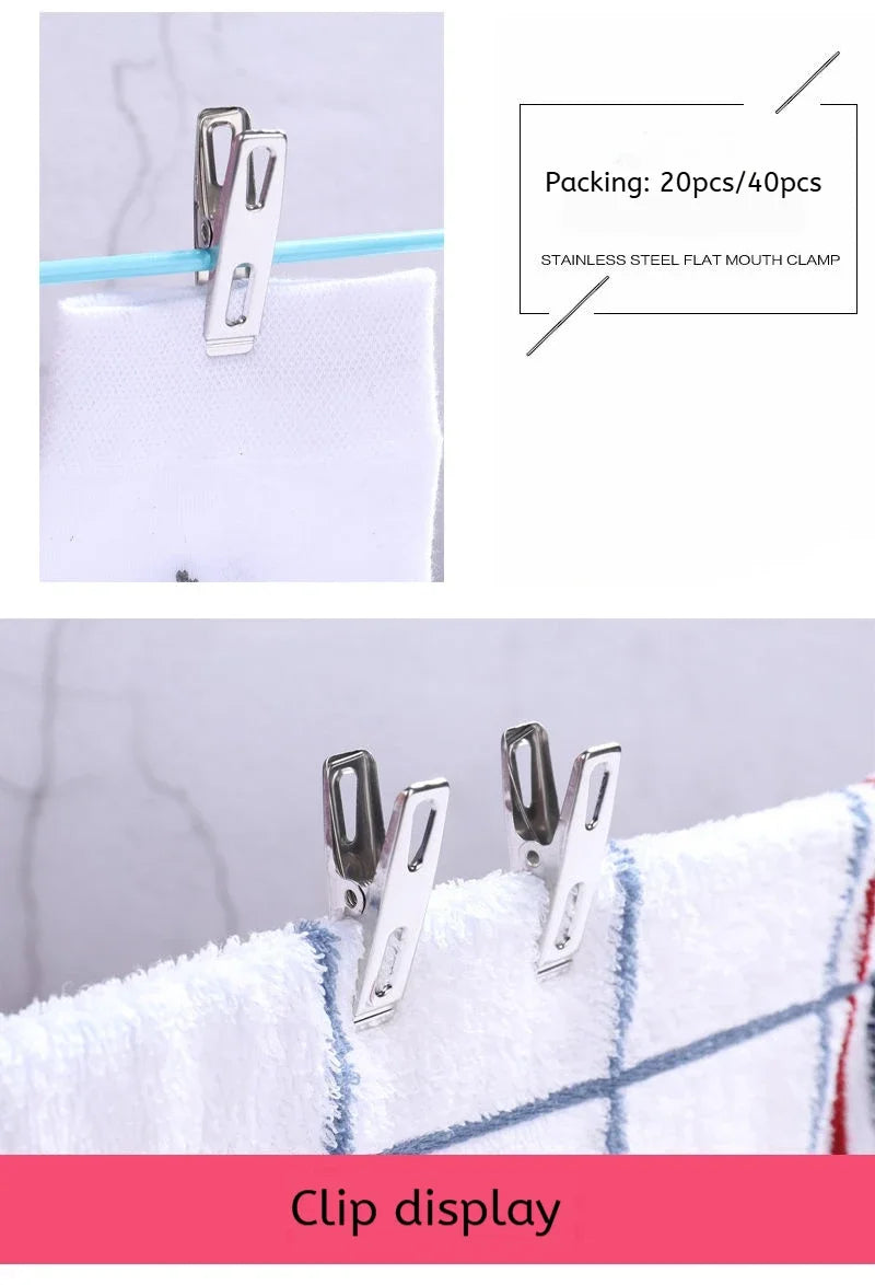 20pcs Stainless Steel Flat Mouth Clothespins, Binder Clips, Drying Hanger, Metal Clip Set, Metal Clothes Clips For Clothes Sock