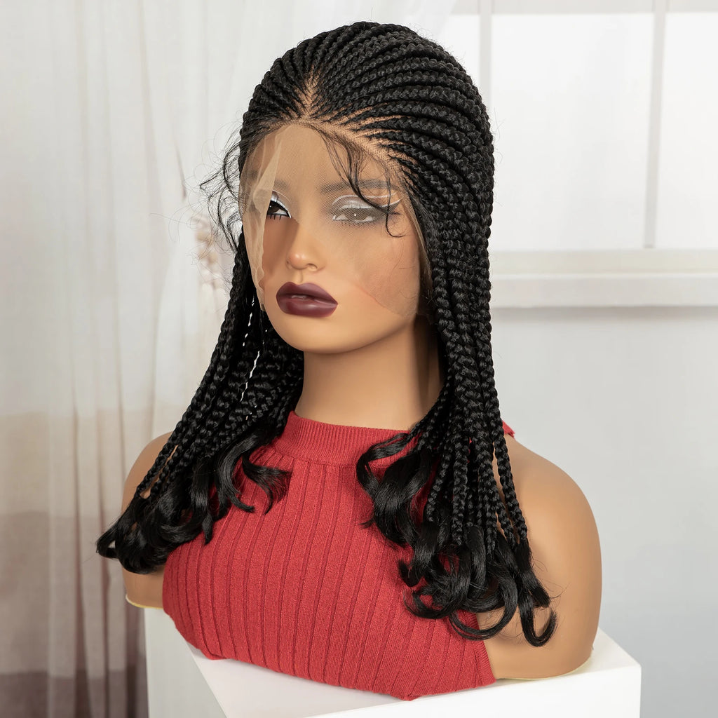18in Cornrow Braided Wig with Wavy Ends Synthetic Full Lace Braided Lace Wig with Baby Hair Knotless Braids Wigs for Black Women