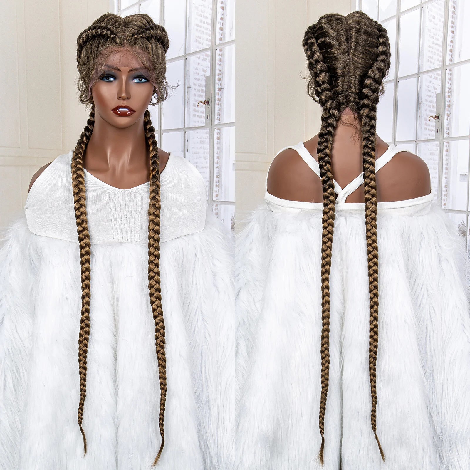 36 Inches Cornrow Braided Wigs Synthetic Lace Front Braids Wigs for Black Women Long Lace Wigs Double Braid Knotless