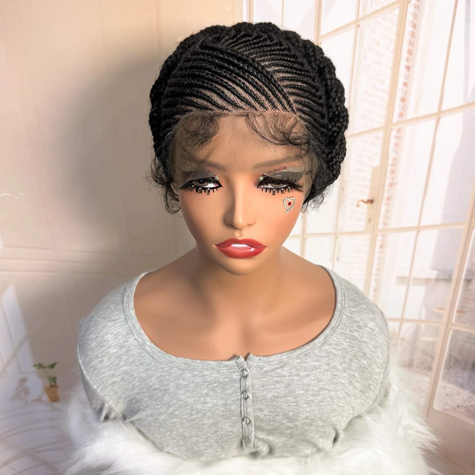 Short Full Lace Braiding Wig Synthetic Cornrow Knotless Box Braided Wigs Natural African Bantu Braids Wig for Black Women