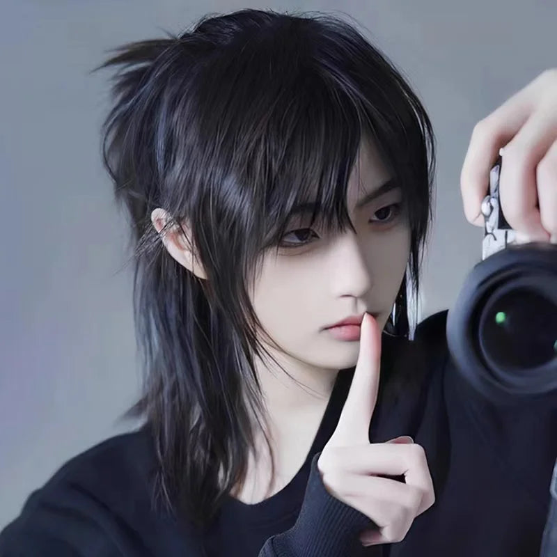 Short Mullet Head Wigs with Bangs Synthetic Straight Anime Men Black Hair Wig for Daily Party Cosplay