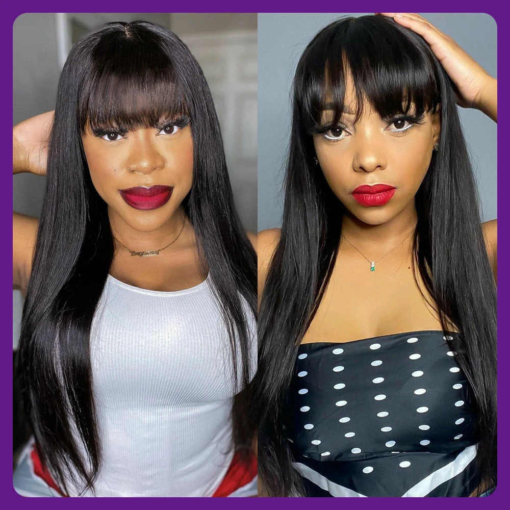 Fake Scalp Bang Human Hair Wigs Raw Indian Straight Human Hair Fringe Wigs Fake Scalp 8-24 Inch 250 Density Human Wigs For Women