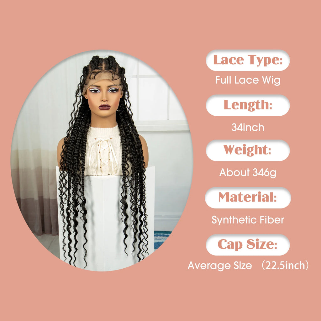 34Inch Cornrow Braided Wigs with Curly ends Synthetic Full Lace Braids Wigs Lace Frontal Braided Lace Wig for Black Women