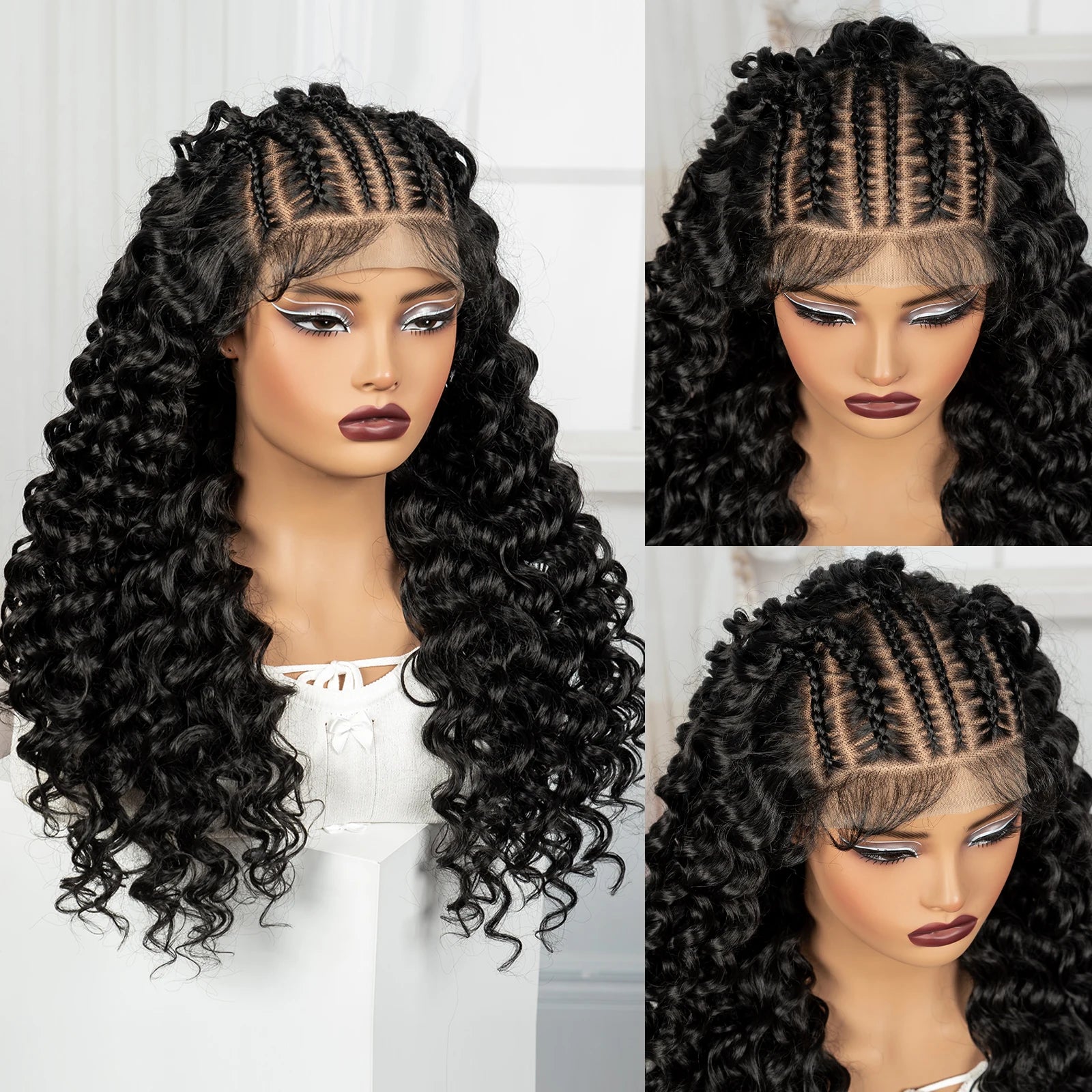 26Inch Cornrow Braided Wigs 13x6 Transparent Lace Front Deep Wave Hair Wigs Synthetic Kinky Curly Brazilian Hair Wigs for Women