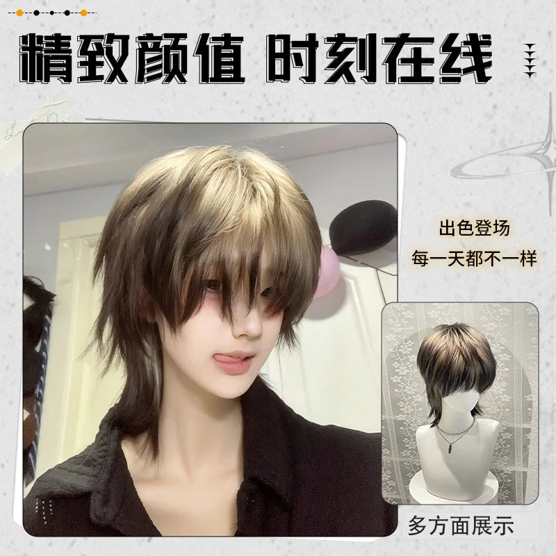 Anime Role-Playing Cos Wig New Wolf-Tailed Mullet Head Boy Short Hair Gradient Wig Siamese Cat Handsome Cute Wig Props Cos Props