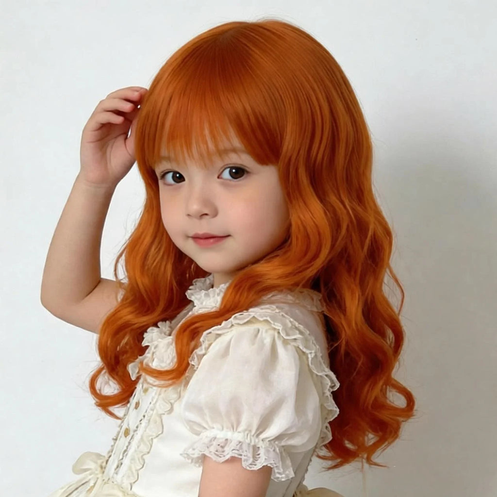 Girl's Wig Orange Long Curly Hair Kids Toupee Performance Photography Props Youth Headwear Juvenile Headdress Baby Headgear 2Y