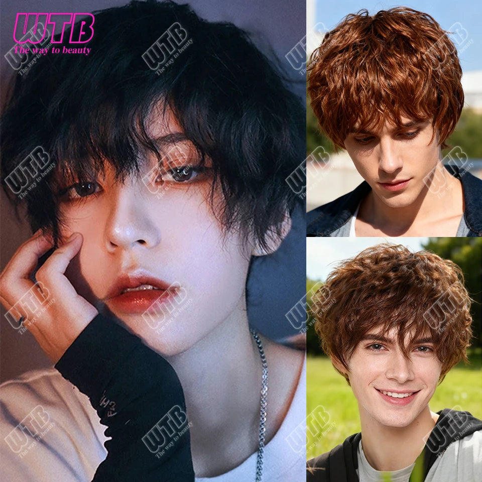 Synthetic Short Curly Boy Party Hair Wig Black Brown Natural Fake False Hair For Men Handsome Breathable Christmas Halloween