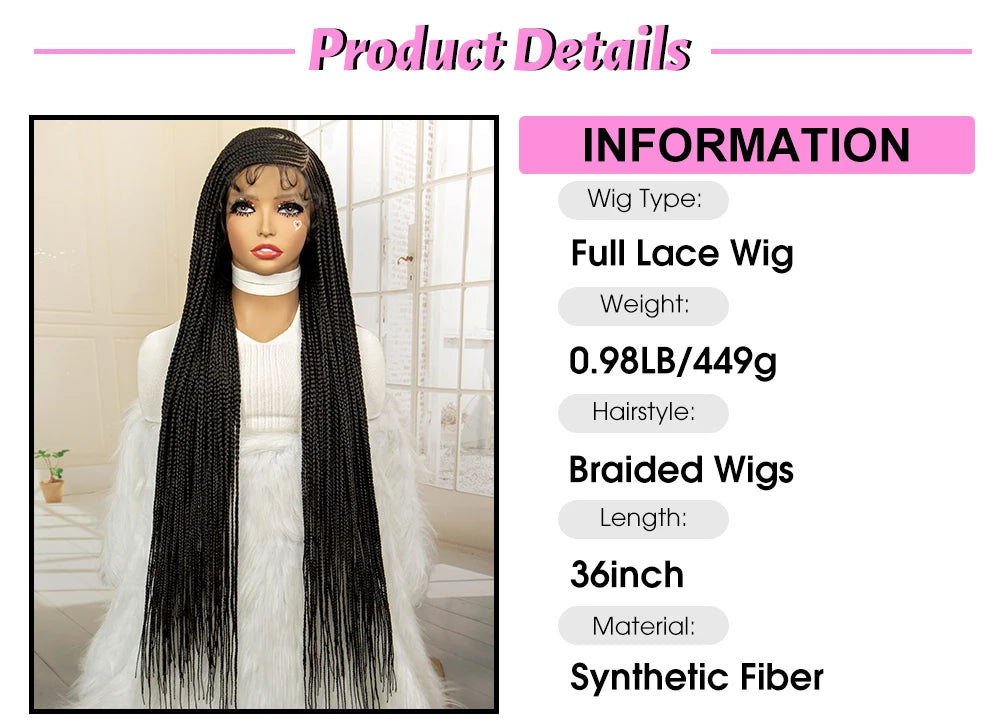 Synthetic Full Lace Cornrow Braided Wigs 36 inches Lace Frontal Square Knotless Box African Braiding Wig for Black Women