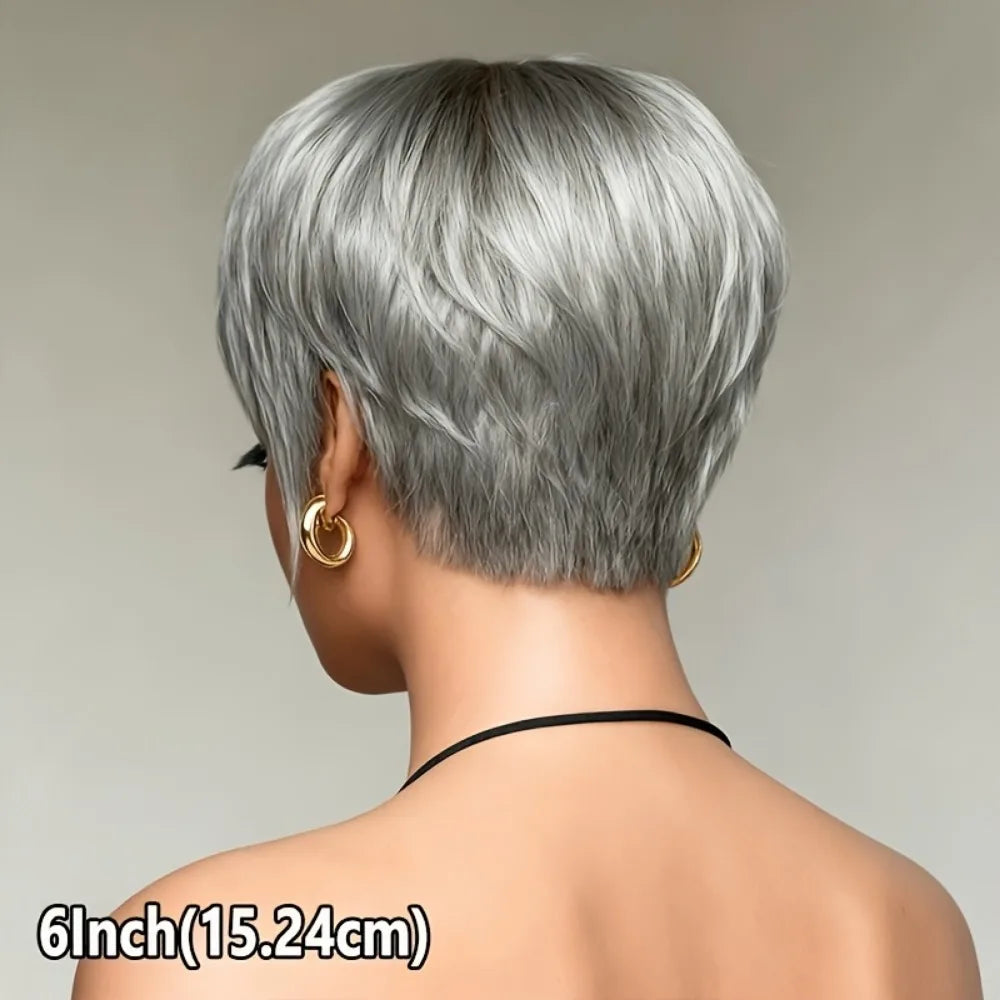Human Hair Wig - Short 6-Inch Pixie with Gray# Color, 150% Density Natural Look,full machine made wig for Casual Attire & for ha