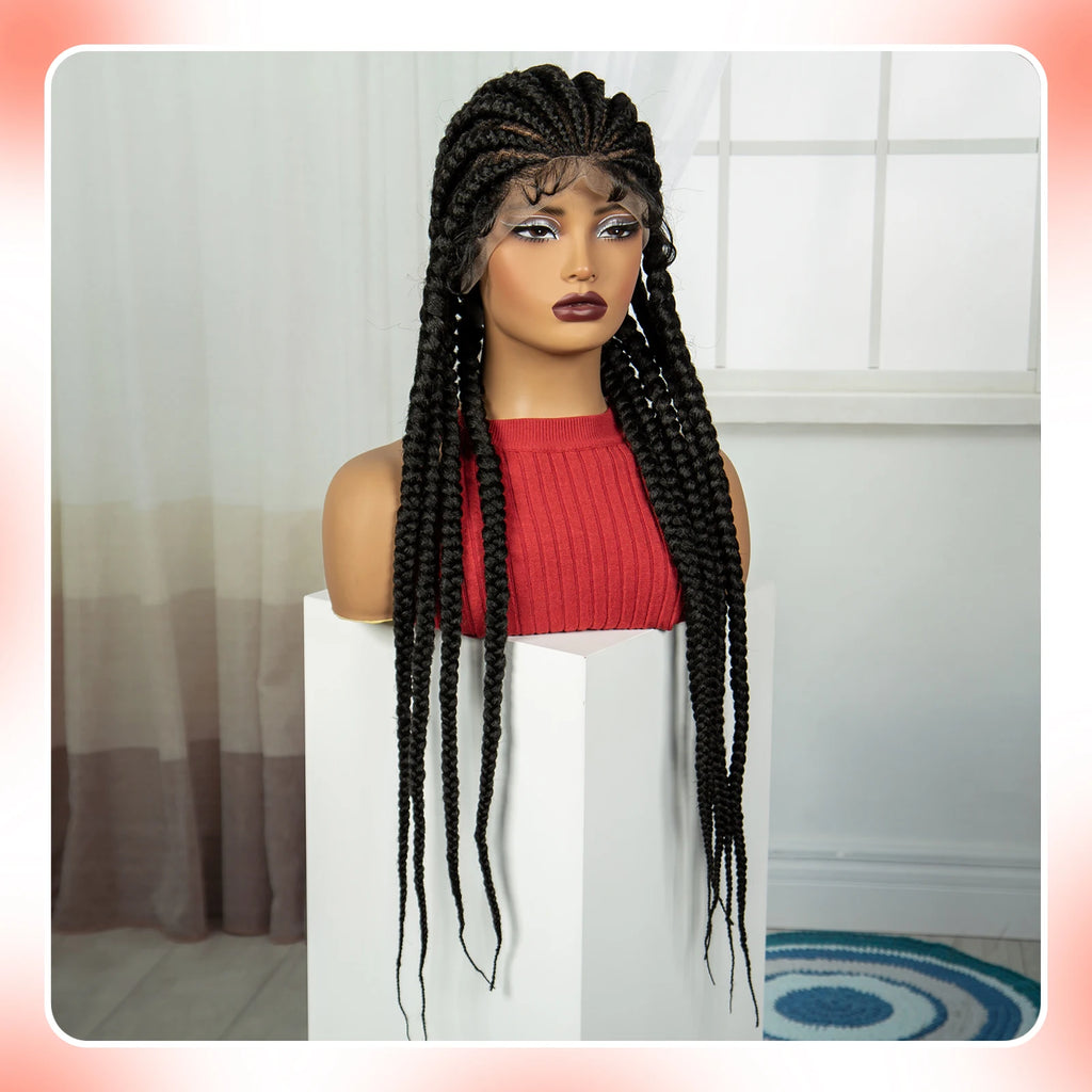 32INCH Cornrow Braided Wigs Synthetic Full Lace Braids Wig with Baby Hair Lace Frontal Knotless Braided Lace Wig for Black Women