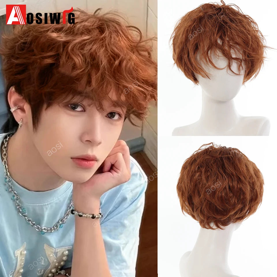 AOSIWIG  Short Curly Cosplay Men Boy Party Light Yellow Synthetic Heat Resistant Hair Wigs Men's Breathable Wig