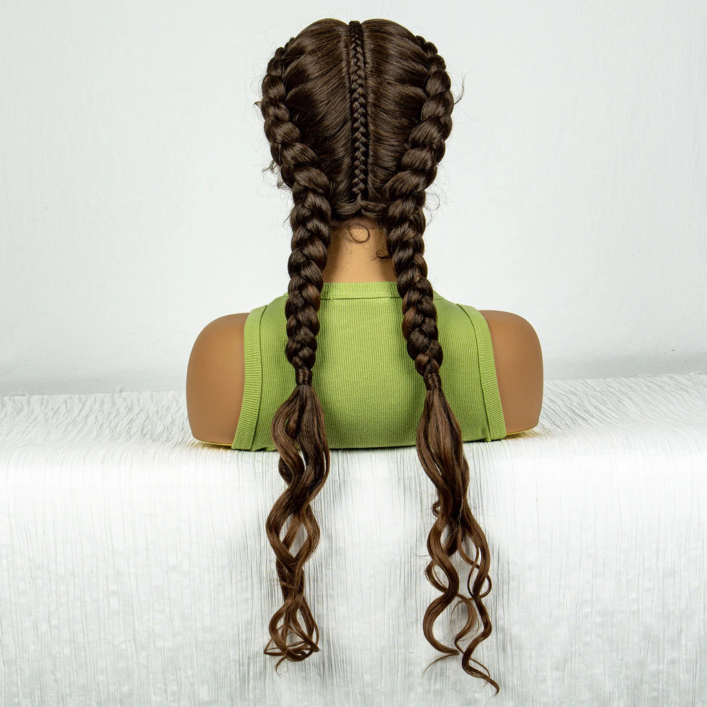 Synthetic Cornrow Braided Wigs with Curly Wave for Women Lace Frontal Afro Hair Braids Wig with Baby Hair for Girls 30 Inches