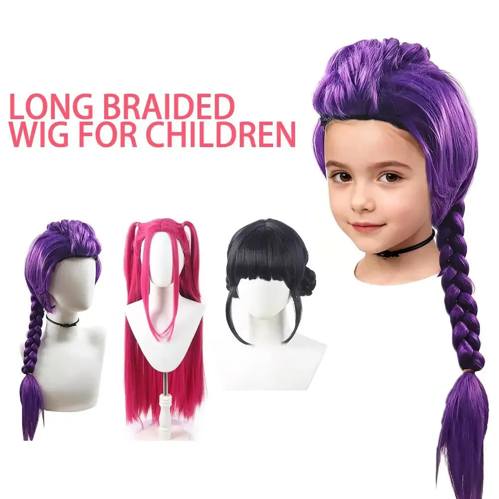 33.5-inch Purple Long Braid With Side Ponytail Integrated Tiger Mouth Clamp Children's Wig Halloween Costume Party Anime Cosplay