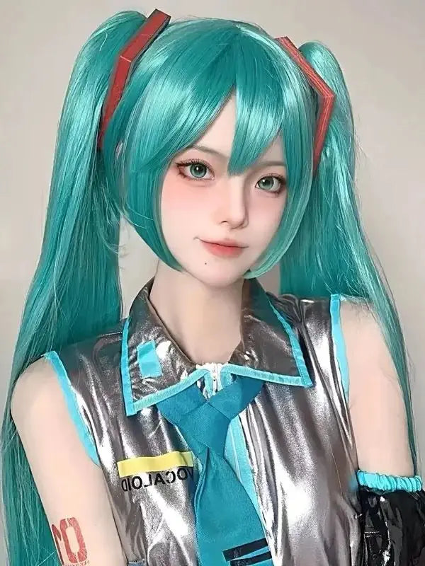 Synthetic medium-length blue mixed straight hair role-playing wig, featuring a double-curled ponytail,