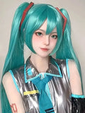 Synthetic medium-length blue mixed straight hair role-playing wig, featuring a double-curled ponytail,