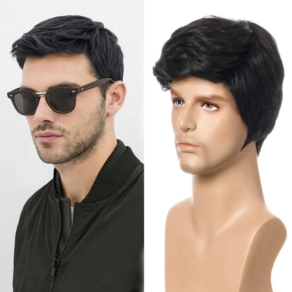 Exceptional! Fashion Wig Short Black Male Straight Synthetic Wig for Men Hair Fleeciness Realistic Natural Black Toupee Wigs