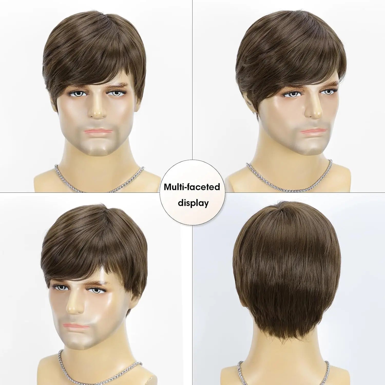 Synthetic Wigs for Men: Brown Side-Swept Short Straight Hair, Business Style, Full