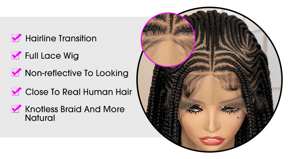 African Braided Hair Wigs Synthetic Full Lace Cornrow Knotless Box Braiding Wigs for Black Women Lace Frontal Crochet Braids Wig