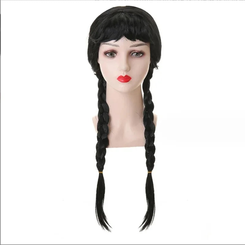 Kids Black Double Braid Flat Bangs for Girls Wednesday Role-playing Synthetic Wig Suitable for Parties Girl Wednesday Cosplay