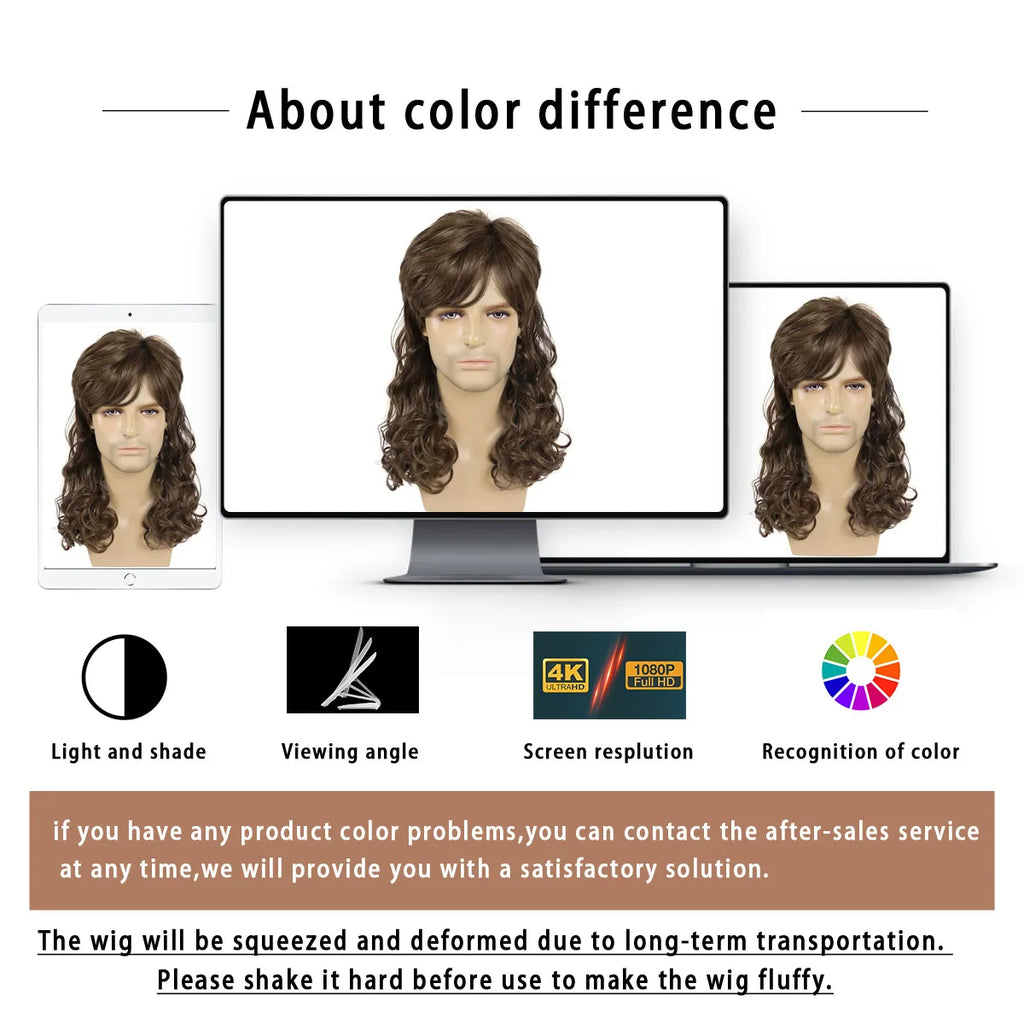 Mullet Wig for Men Synthetic Brown Replacement Wigs 70s Curly Retro Disco Rocker Natural Hair Party Cosplay Costume Man Full Wig