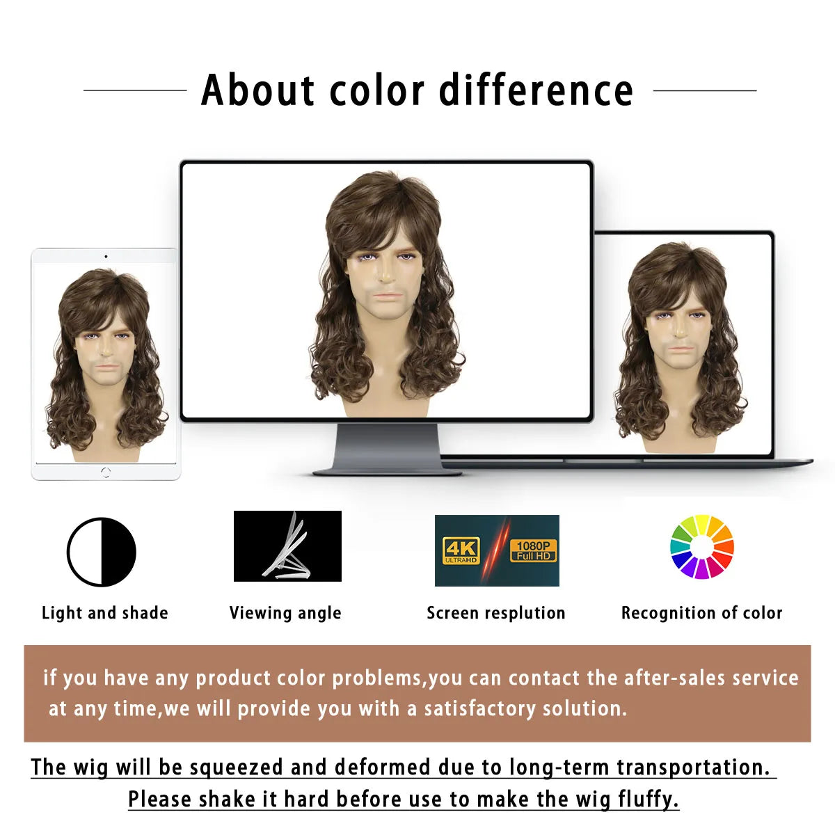 Mullet Wig for Men Synthetic Brown Replacement Wigs 70s Curly Retro Disco Rocker Natural Hair Party Cosplay Costume Man Full Wig