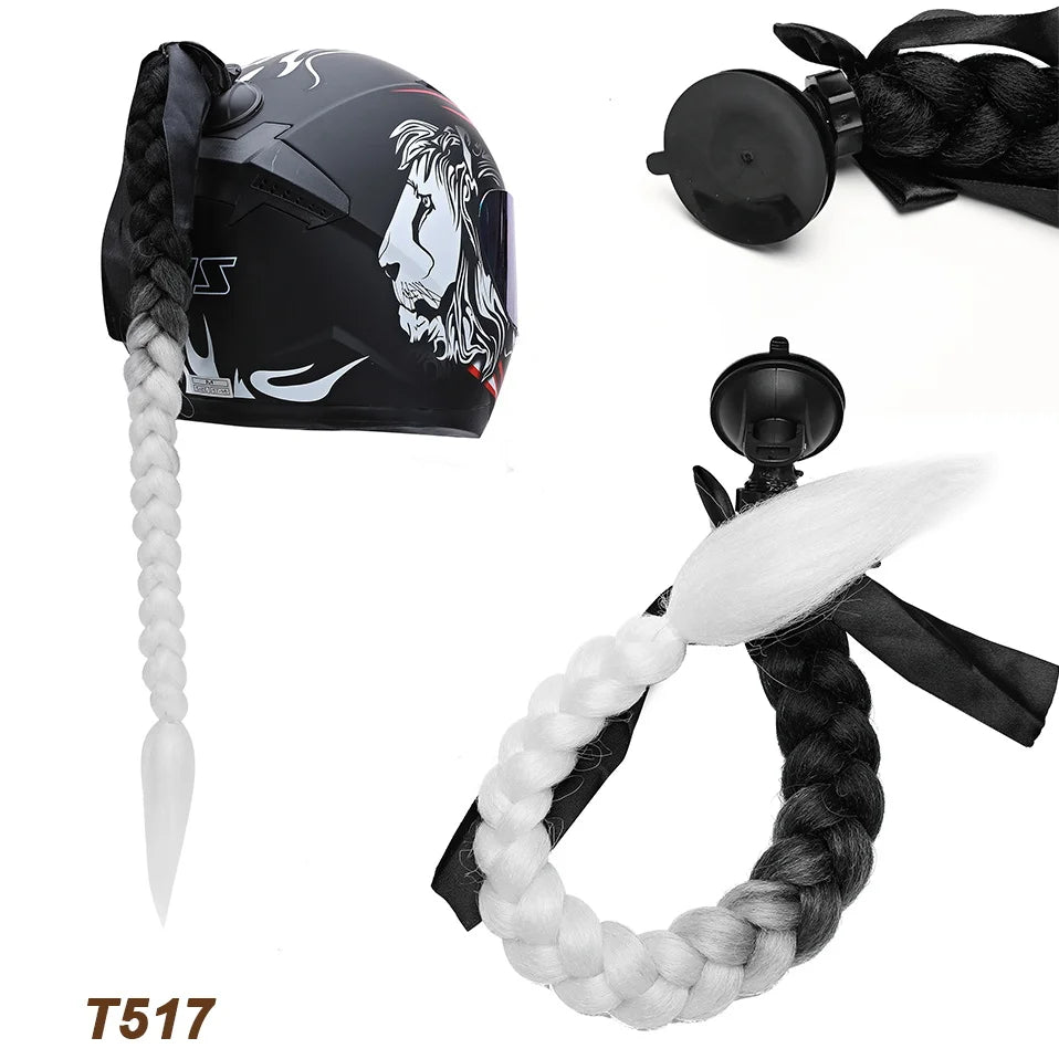 Benehair Syntheitc Helmet Pigtails Gradient Ramp Helmet Braids Ponytail Hair with Suction Cup with Bowknot for Motor Bike 1PCS