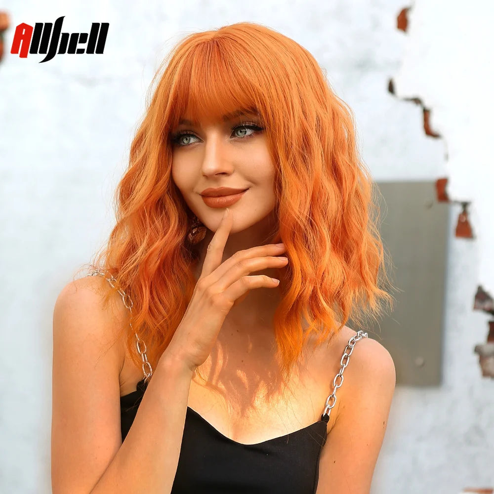 Short Copper Ginger Synthetic Natural Wavy Wigs Hair Orange Halloween Bob Wig with Bangs Heat Resistant for Women Cosplay Wig