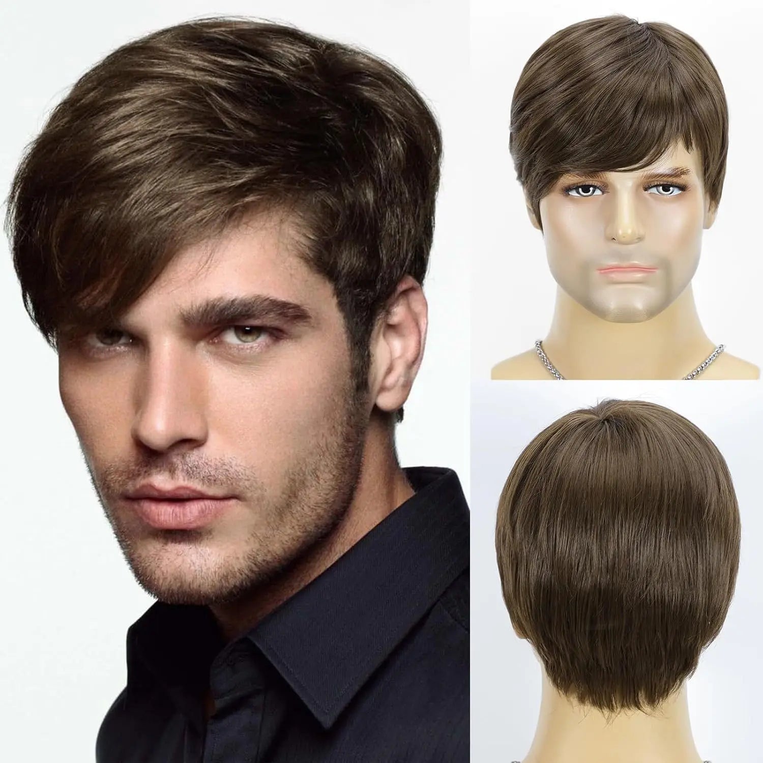 Synthetic Wigs for Men: Brown Side-Swept Short Straight Hair, Business Style, Full