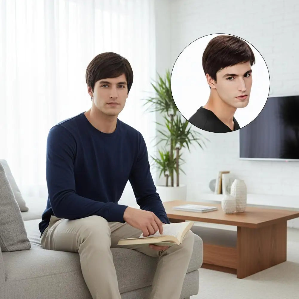 Men's Fashion Wig with Side Swept Bangs - Short Straight Hair Synthetic Full Wig for Men, European Style Ready to Wear